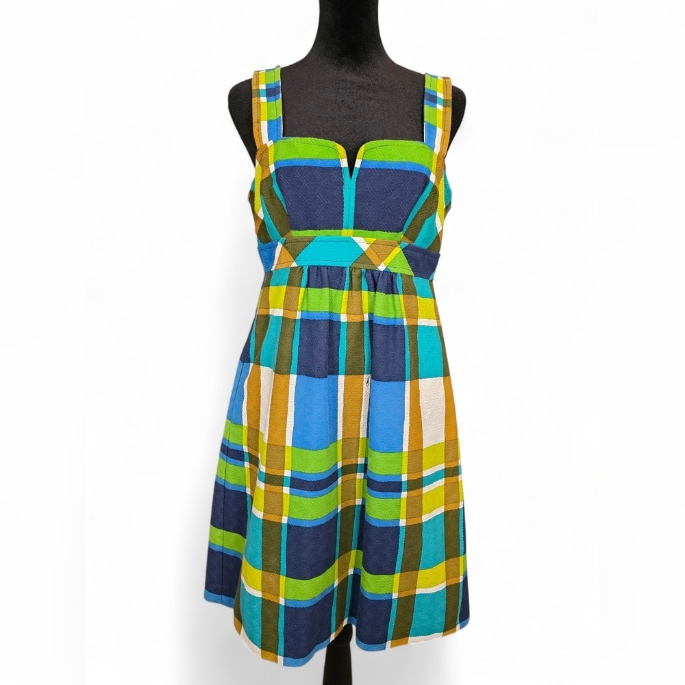 Trina Turk Retro Plaid Jacquard Sweetheart Neckline Fit-and-Flare Midi Dress 6